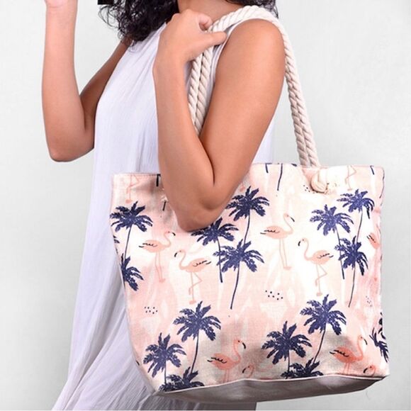 Sand Navy Palm Tree Flamingo Summer Zippered Tote Bag NWT - Picture 1 of 12